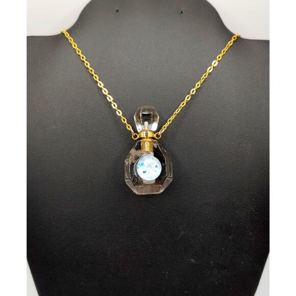 Handmade Clear Quartz Bottle Necklace – Blue Flower – 18" Gold Chain – OOAK - Picture 1 of 4
